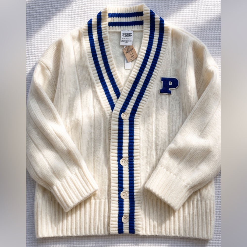 PINK VS Varsity Cardigan XL Cream Blue Stripe Preppy Cozy NWT